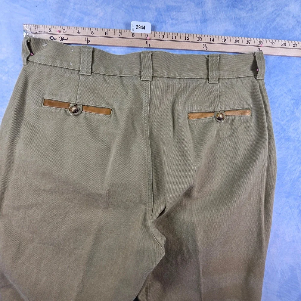 Orvis Mens Khaki Cotton Twill Pants Leather Trim Sporting Traditions Size 36x29